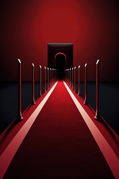 Red carpet leading to the red gate at night. 3D rendering