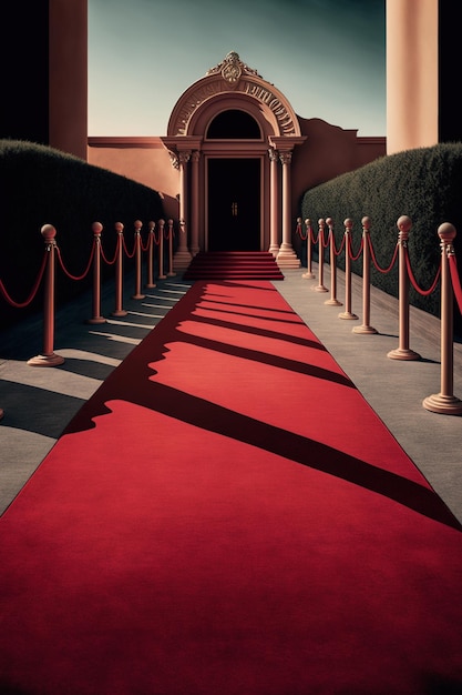 Red carpet leading to the red gate at night. 3D rendering