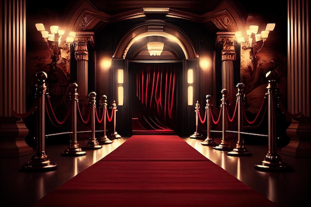 A red carpet leading up to the entrance of a glamorous movie premiere