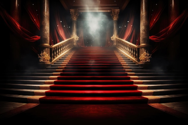 Red carpet path to success on dark stairs