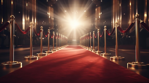 Red carpet rolling out in front of glamorous movie premiere background