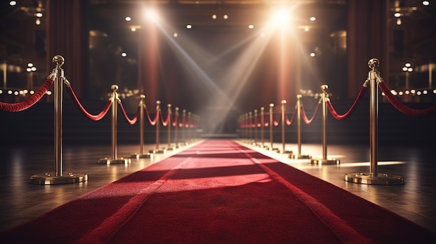 Red carpet rolling out in front of glamorous movie premiere background