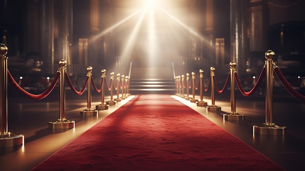 Red carpet rolling out in front of glamorous movie premiere background