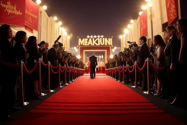 Red carpet rolling out in front of glamorous movie premiere with paparazzi in the background