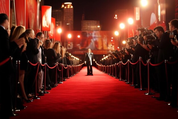 Red carpet rolling out in front of glamorous movie premiere with paparazzi in the background