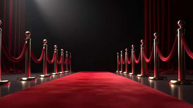 Red carpet and rope barrier with red curtain background with Generative AI Technology