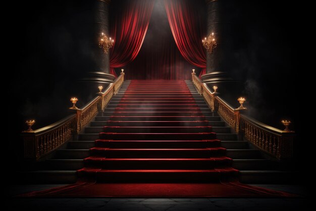 Red carpet on the stairs on a dark background The path to glory victory and success