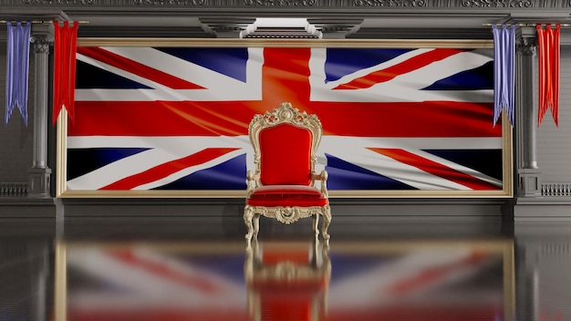 Red carpet with barriers leading to the UK throne queen throne with UK flag in the background 3D render