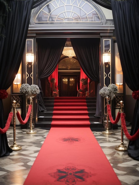 a red carpet with black curtains and red carpet