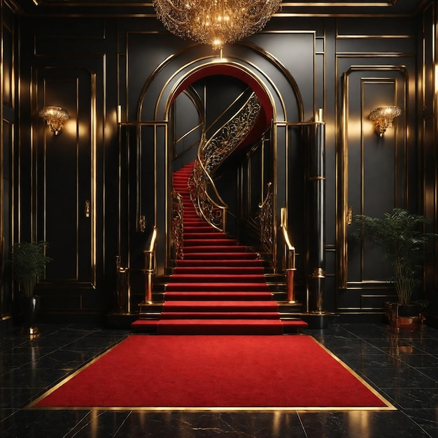 красный ковер с черными лестницами золотыми столбами
