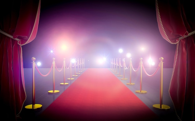 Red carpet with corded barriers satin curtains and flashes on the black background