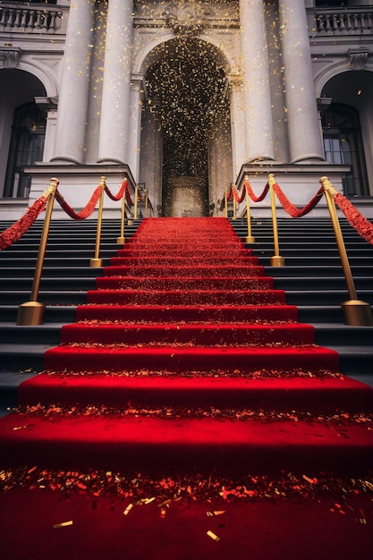 red carpet with gold confetti