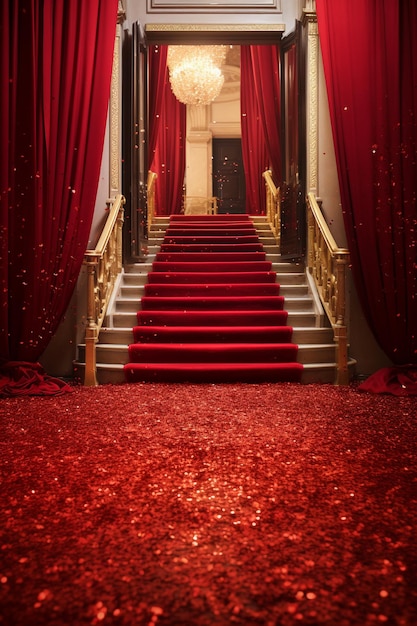 red carpet with gold confetti