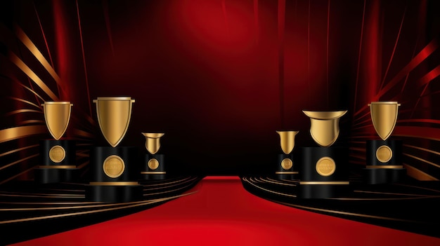 A red carpet with gold trophies on it