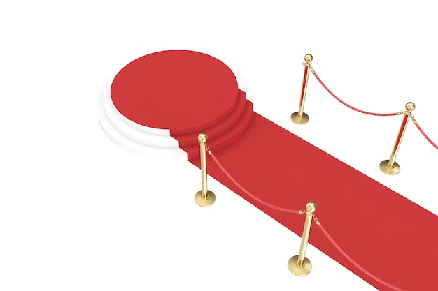 Red carpet with golden barrier and ropes. Stairway to speak. 3d illustration.