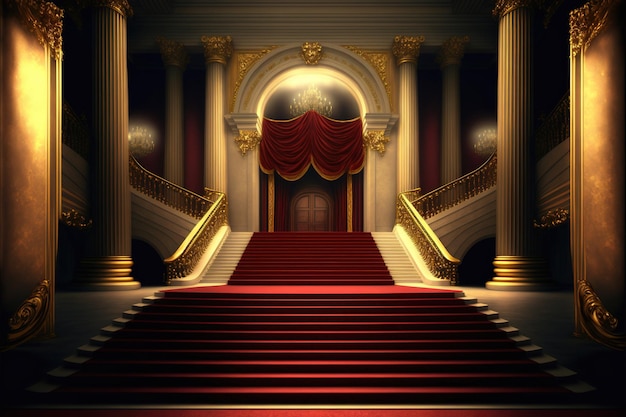 Red carpet with grand VIP staircase highdefinition image luxury ceremony prestige entertainment success wealth superiority castle palace career reach the top selfdevelopment gold AI