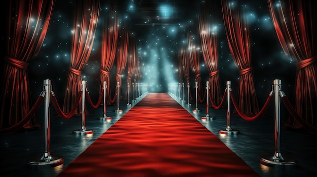 a red carpet with a red curtain and a red curtain with stars on it