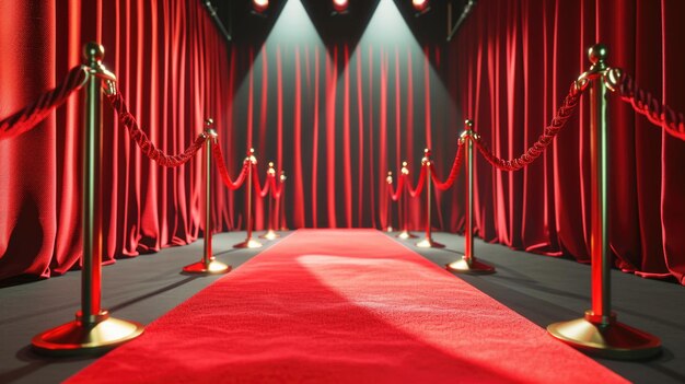 Фото Красный ковер с веревными барьерами и красными шторами идеально подходит для мероприятий, церемоний награждения и грандиозных входов