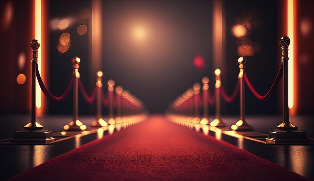 A red carpeted walkway with a red carpet and rope barriers generative AI