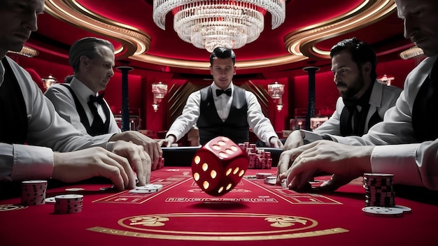 Red casino dice over the poker table