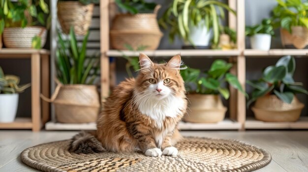 Photo red cat among a variety of indoor plants modern ecofriendly space botanical living room