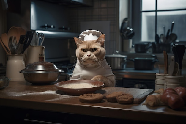 A red cat in a chef hat in the kitchen 1