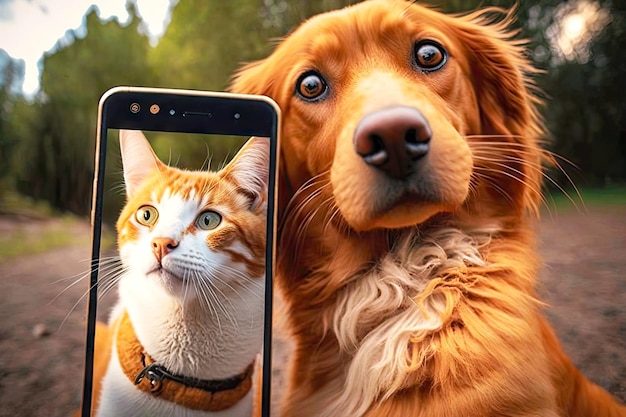 Foto gatto rosso e cane che prendono selfie con lo smartphone