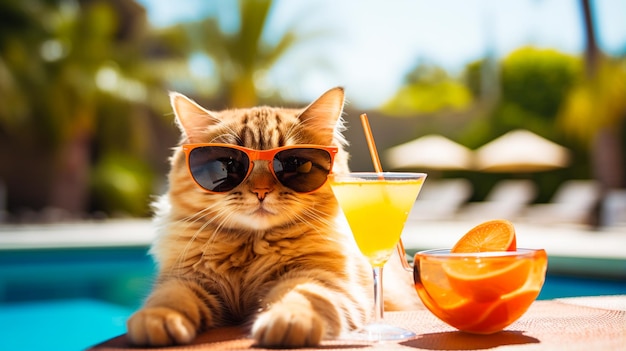 red cat drinking cocktail at the swimming pool