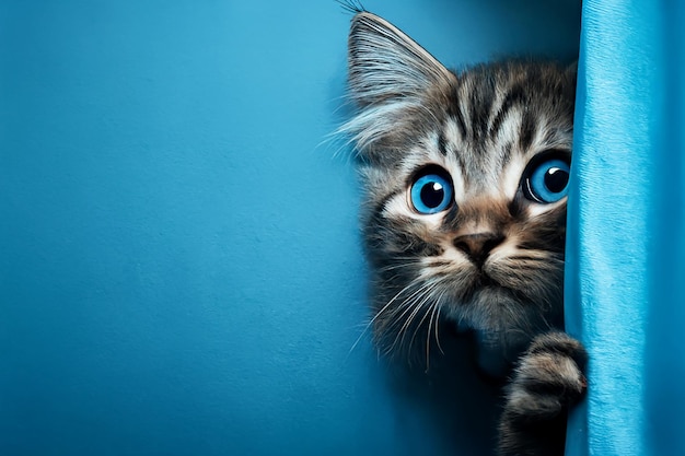 빨간 고양이 커튼 뒤에서 밖을 내다 본다 파란색 배경