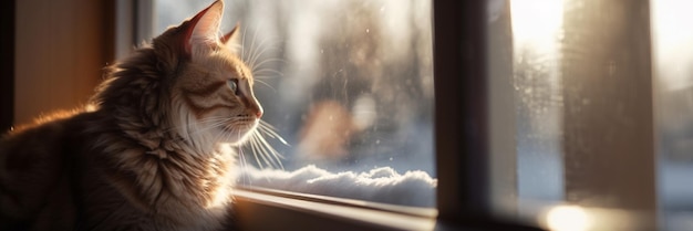 Red cat looks out the window at a snowy landscape