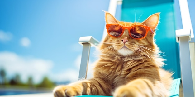 Red cat Maine Coon in sunglasses sits an relax in dack chair on nature background copy space