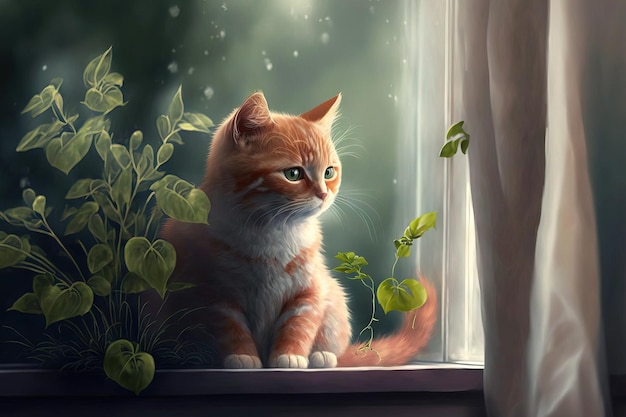 Red cat perched on the window holding a plant