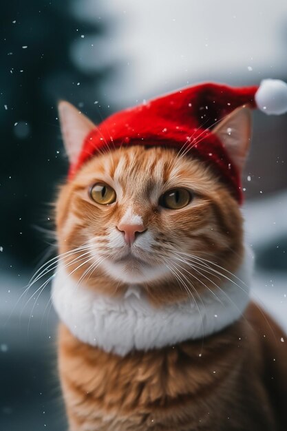 サンタの帽子をかぶった赤い猫が雪で喜ぶ クリスマス 垂直写真