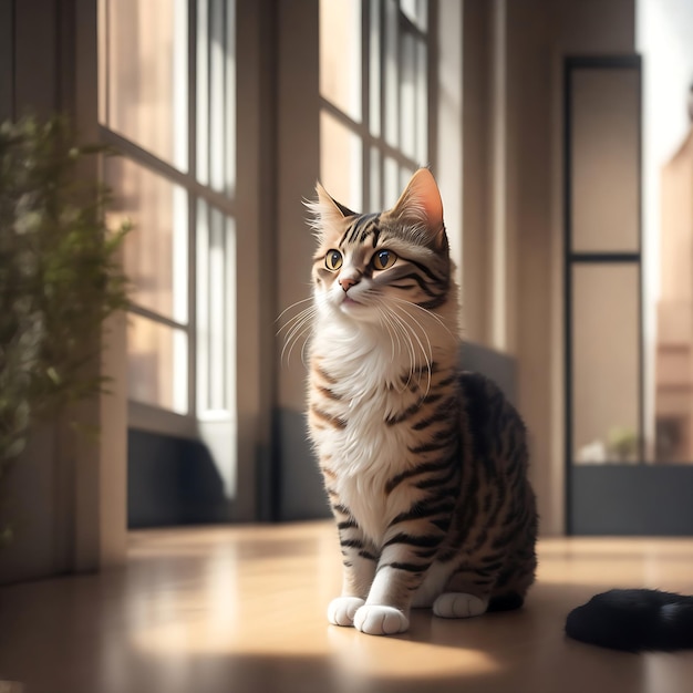 赤い猫は椅子に座り、AI が生成した緑の森を窓の外に眺めています。