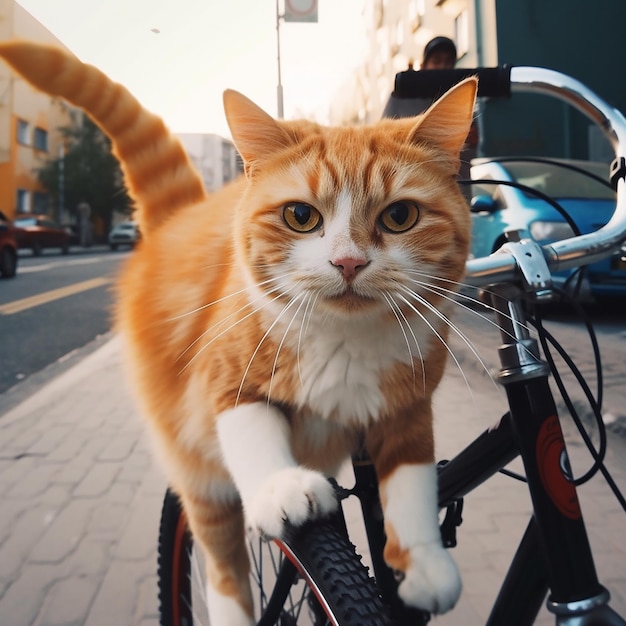Red cat sitting a bike on the street