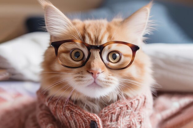黒いメガネをかぶった赤い猫がカメラを見ている近代的なアパートのインテリアの背景でオンラインコース遠隔教育コンセプト面白い賢い賢い猫インテリジェントな猫AI (人工知能) が生成された