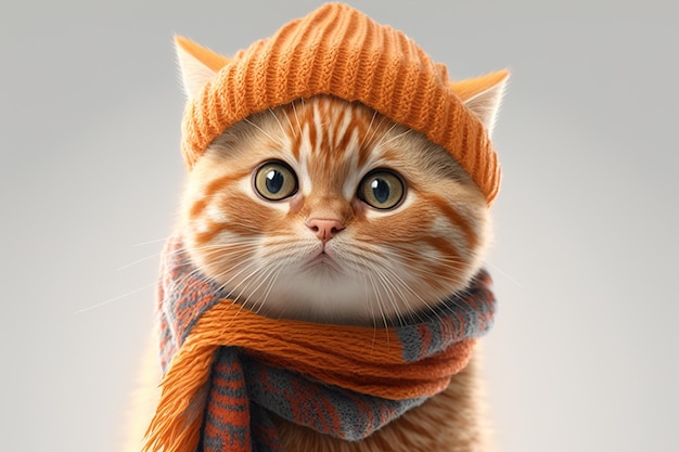 흰색 플란스프링 위에 겨울 모자와 스카프를 두른 빨간 고양이 Generative AI