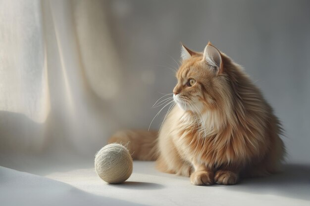 Foto gatto rosso con una palla stile di animali domestici minimalisti isolati su uno sfondo chiaro