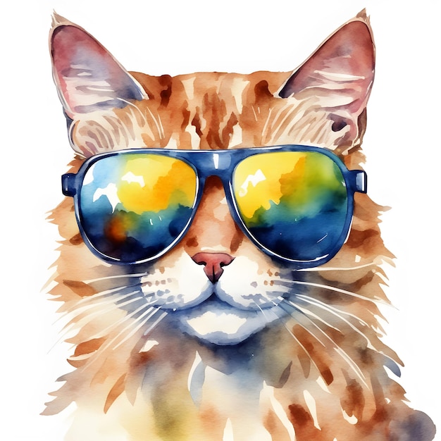 Red cat with colored sunglasses Watercolor hand painted isolated illustration on white background