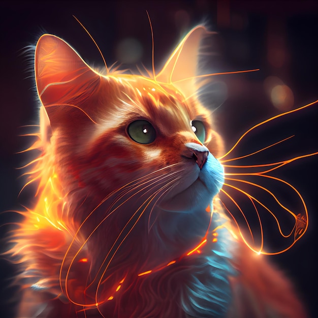 Red cat with glowing eyes and tail Portrait of a cat