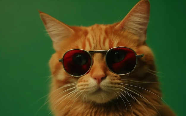 Red cat with sunglasses on and a green background