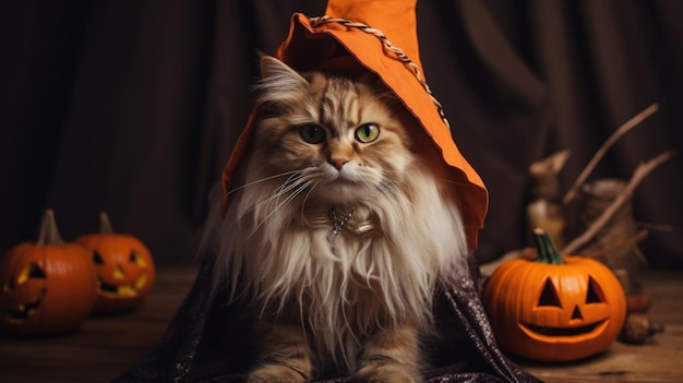 魔法使いの魔女の衣装を着た赤い猫が、AI が生成したカボチャの装飾でハロウィーンを祝います