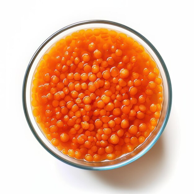 Red caviar in bowl isolated on white background