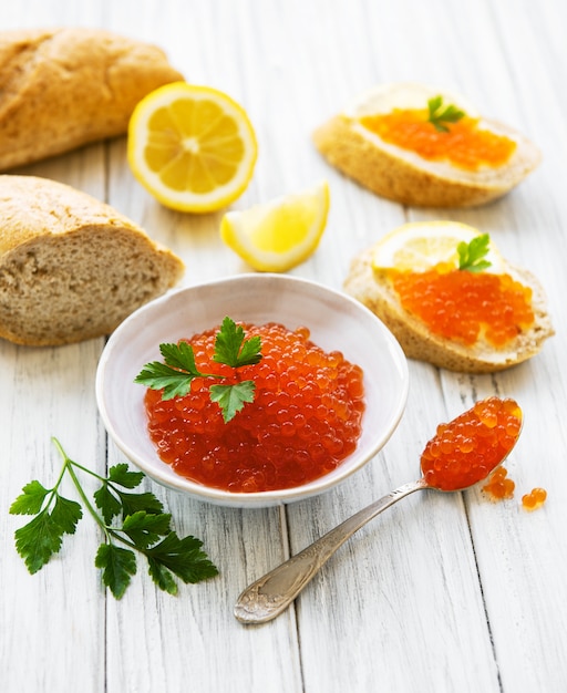 Red caviar in bowl