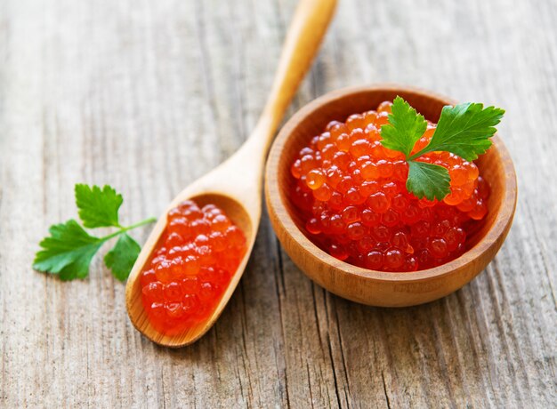 Red caviar in bowl 