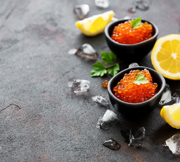 Red caviar in bowls