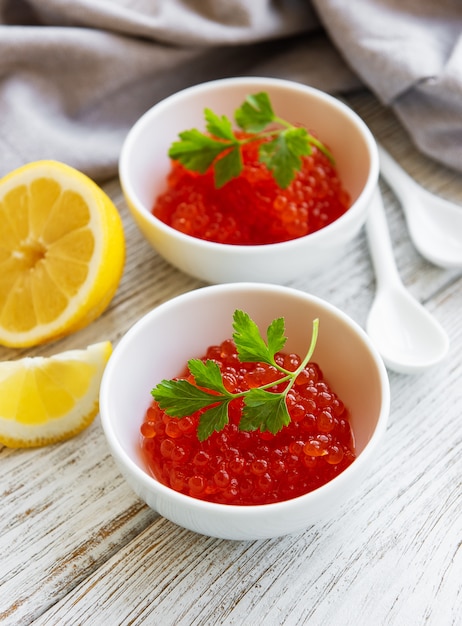 Red caviar in bowls