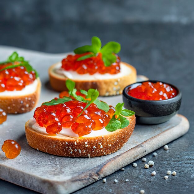 Red caviar on a dark background sandwiches with caviar