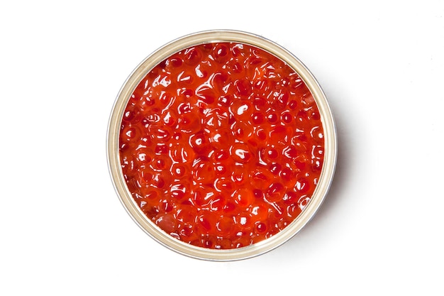 Red caviar in the open tin can on a white background isolated