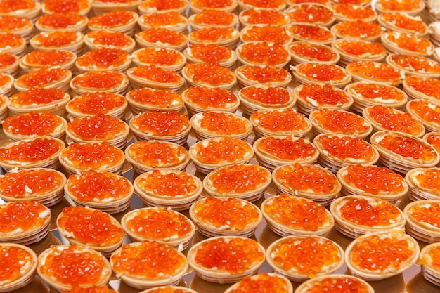 Red caviar in small plates. Caviar in plates.